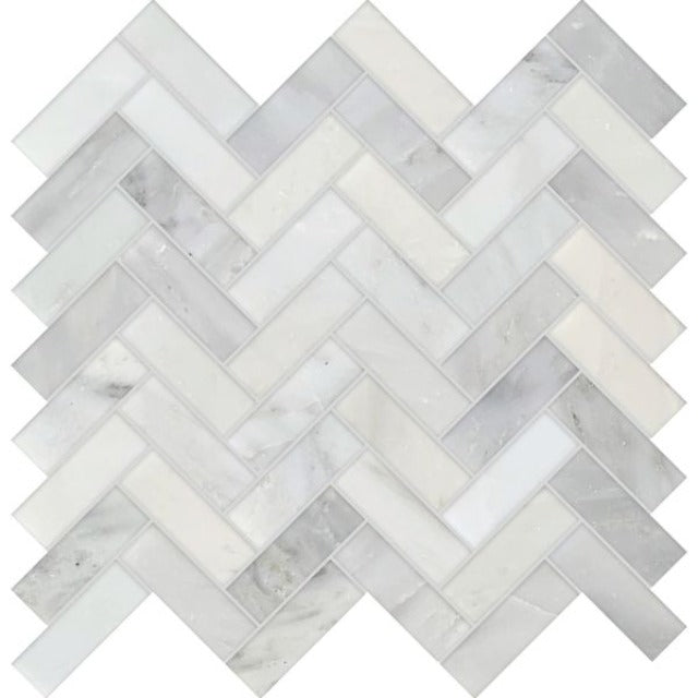  Ames Bianco Macchiato Studio Marble 12" x 12" Herringbone Wall Mosaic, in stock in Edmonton.  A polished marble, set in a herringbone pattern, which would be classic addition to your backsplash, or fireplace. 