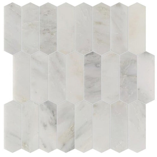 Ames 10.5" x 11" Studio Marble 4 Picket Mosaic Bianco Macciato Polished Marble available at Alberta Hardwood Flooring.