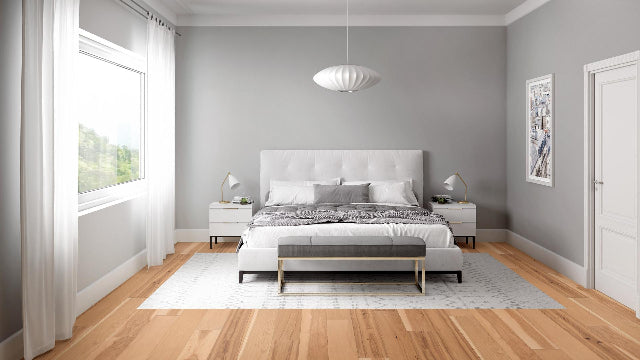 Achieve a luxurious and generous 7½" wide-plank effect at a very affordable price with Tempo. This rustic-grade hardwood in hickory features brushed veneer, lively grain patterns and rich color variations. Some designs from the collection include additional touches, such as filled knots and custom stain treatments. Available with install at Alberta Hardwood Flooring.