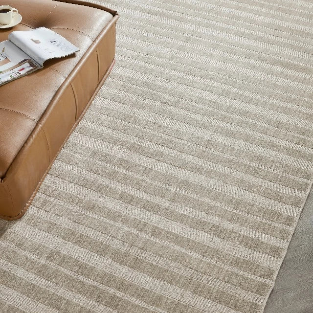 Stanton Rug Co Wool Blend Deva Defined Rug Aubree Striped, available to custom order at Alberta Hardwood Flooring.  The Aubree collection features a wool blend fiber and hand-loomed constructions. 
