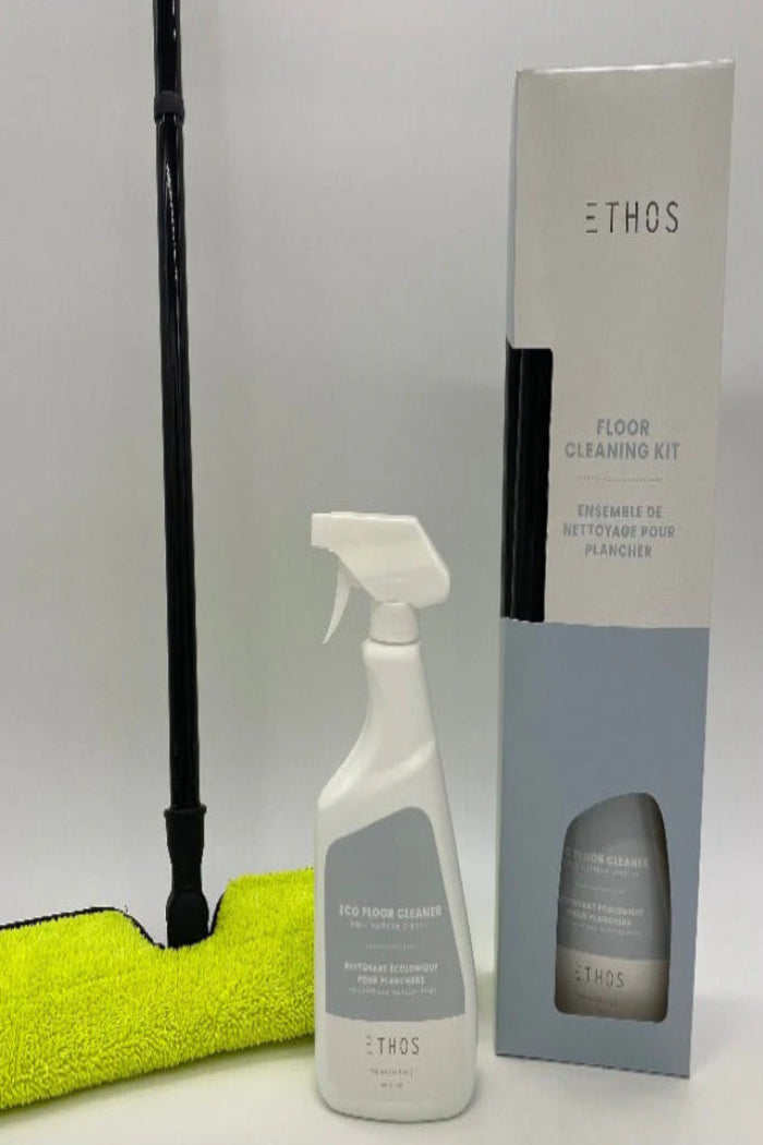 Ethos floor cleaning kit with spray bottle, mop, and box on a white background, available at Alberta Hardwood Flooring 