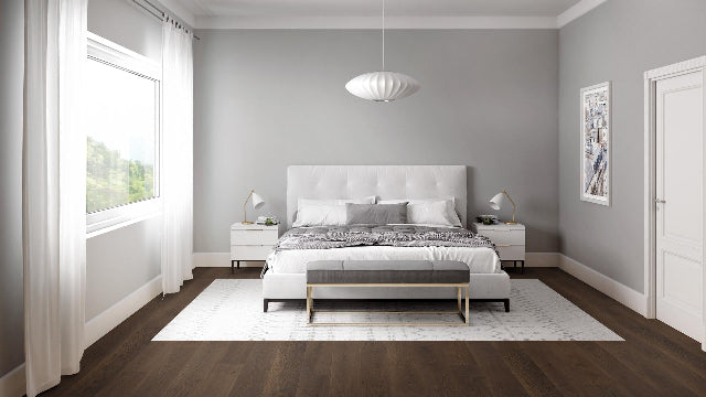 Achieve a luxurious and generous 7½" wide-plank effect at a very affordable price with Tempo. This rustic-grade hardwood in oak features brushed veneer, lively grain patterns and rich color variations. Some designs from the collection include additional touches, such as filled knots and custom stain treatments. Available with install at Alberta Hardwood Flooring. 