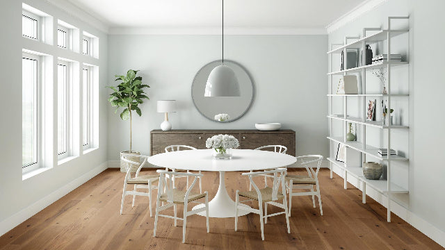 Achieve a luxurious and generous 7½" wide-plank effect at a very affordable price with Tempo. This rustic-grade hardwood in hickory features brushed veneer, lively grain patterns and rich color variations. Some designs from the collection include additional touches, such as filled knots and custom stain treatments. Available with install at Alberta Hardwood Flooring. 