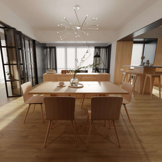 A modern dining room featuring a light wood rectangular dining table surrounded by six light wood chairs with tapered legs, set on a light wood floor. The room has a contemporary starburst chandelier, glass-paneled walls, and a bar-height island in the background.
Torlys Grand View Juventas Oak

Wide laminate planks with realistic finishes and unmatched quality, available with install at Alberta Hardwood Flooring.