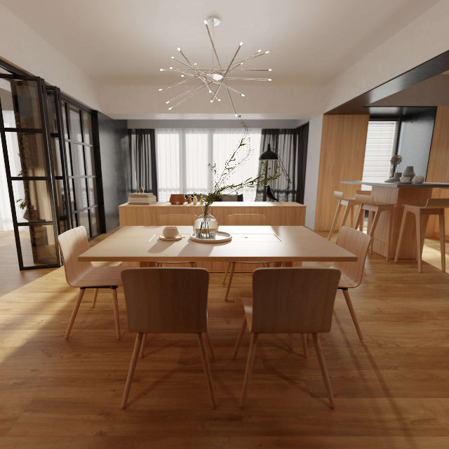 A modern dining room featuring a light wood rectangular dining table surrounded by six wooden chairs, set in a contemporary interior with a starburst chandelier and wood flooring.

Torlys Grand View Vulcan Oak, wide laminate planks with realistic finishes and unmatched quality, available with install at Alberta Hardwood Flooring.