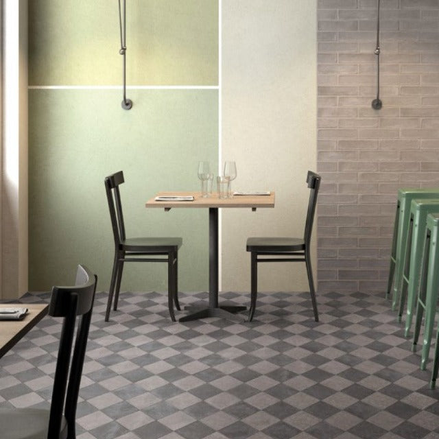 Ames Chalk Collection Floor and Wall Tile, available with install at Alberta Hardwood Flooring.  Visit one of our showrooms to view in person, and to obtain pricing for this product.   The Chalk series combines the modern look of concrete with  pastel colours to create a multitude of creative patterns and designs. Available in a 3 x 12, 7 x 13, and 8 x 8 format. The 8 x 8 is perfect for the classic checkerboard floor.