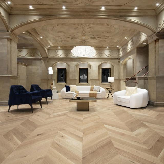Mirage Chevron Collection, available with install, at Alberta Hardwood Flooring. The pleasing geometry of Chevron brings an unrivaled illusion of movement. Many of the options in this collections, are available in a straight lay format. The species for this collection is White Oak.&amp;nbsp; Please visit our showrooms for more information.&amp;nbsp;