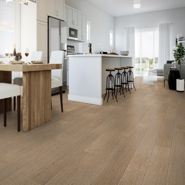 Torlys Cork XP Designer Paseo Aspen, a natural cork floor, available with install, at Alberta Hardwood Flooring.