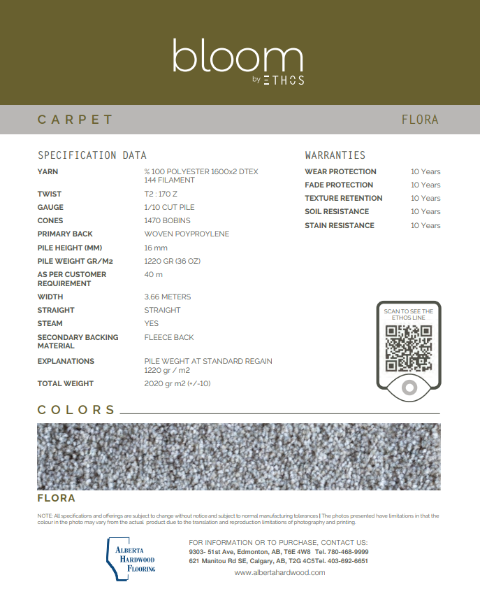 Ethos Bloom Carpet Collection Flora, exclusive available at Alberta Hardwood Flooring.

Thoughtfully designed with natural elegance in mind, each Bloom carpet features lush textures and subtle patterns that evoke the beauty of nature. The color palette draws from earthy tones and soft neutrals, making it a versatile choice for both modern and traditional interiors. Crafted with high-performance fibers and a durable backing, Bloom carpets resist stains, crushing, and fading, making them ideal for family home