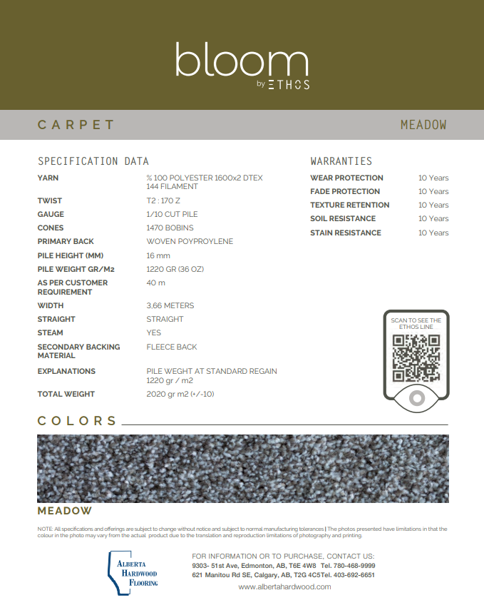 Bloom carpet specification sheet for &#39;Meadow&#39; color with product details and QR code.