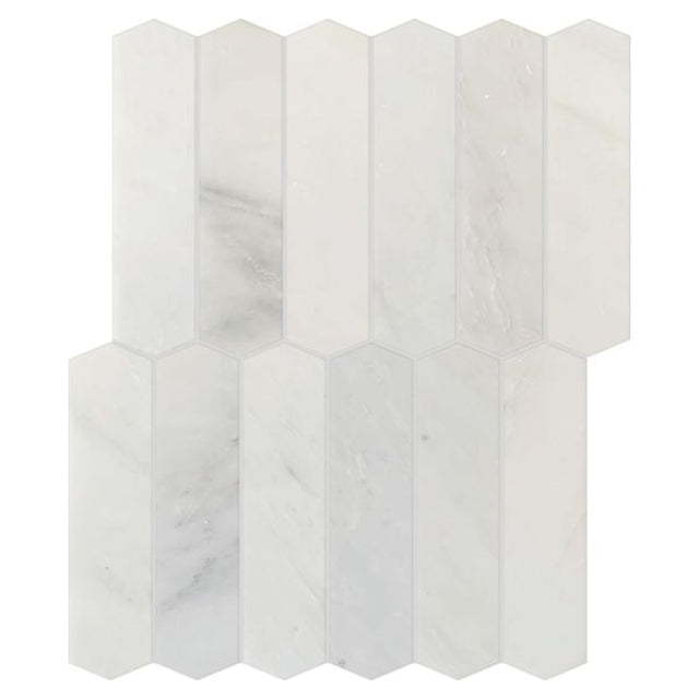 Ames 10.5" x 11" Studio Marble 4 Picket Mosaic Bianco Macciato Polished Marble, available with install at Alberta Hardwood Flooring.&amp;nbsp;Visit one of our showrooms to view in person, and to obtain pricing for this product.&amp;nbsp;

The Studio Marble series takes classic natural stone, and pairs it with geometric shapes for a broad and intriguing line. Shown in the Picket shape, it is available in a Herringbone, Mini Hex, and more.