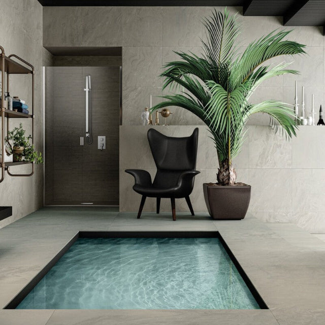 Tierra Sol Liquid Stone Wall and Floor Porcelain Tile, available with install at Alberta Hardwood Flooring.