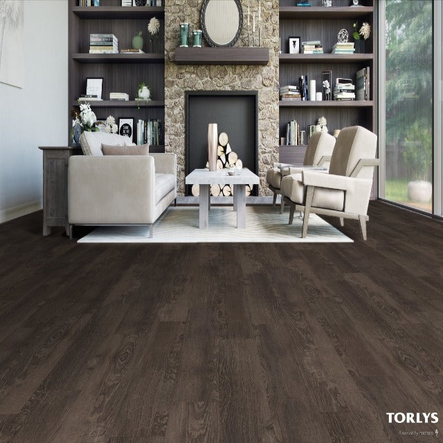 Torlys Classic Plus Reclaimed Old Old Oak Grey, a warm, wide plank oak, available at Alberta Hardwood Flooring. 
