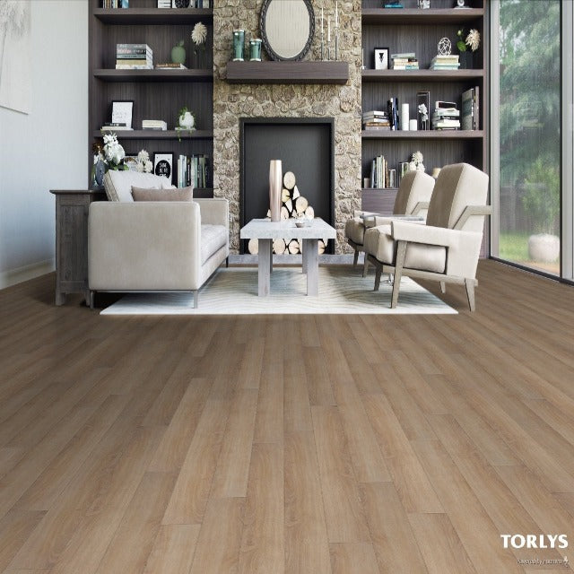 Torlys Everwood Premier Spring Creek Luxury Vinyl, wide plank, and textured, available at Alberta Hardwood Flooring.