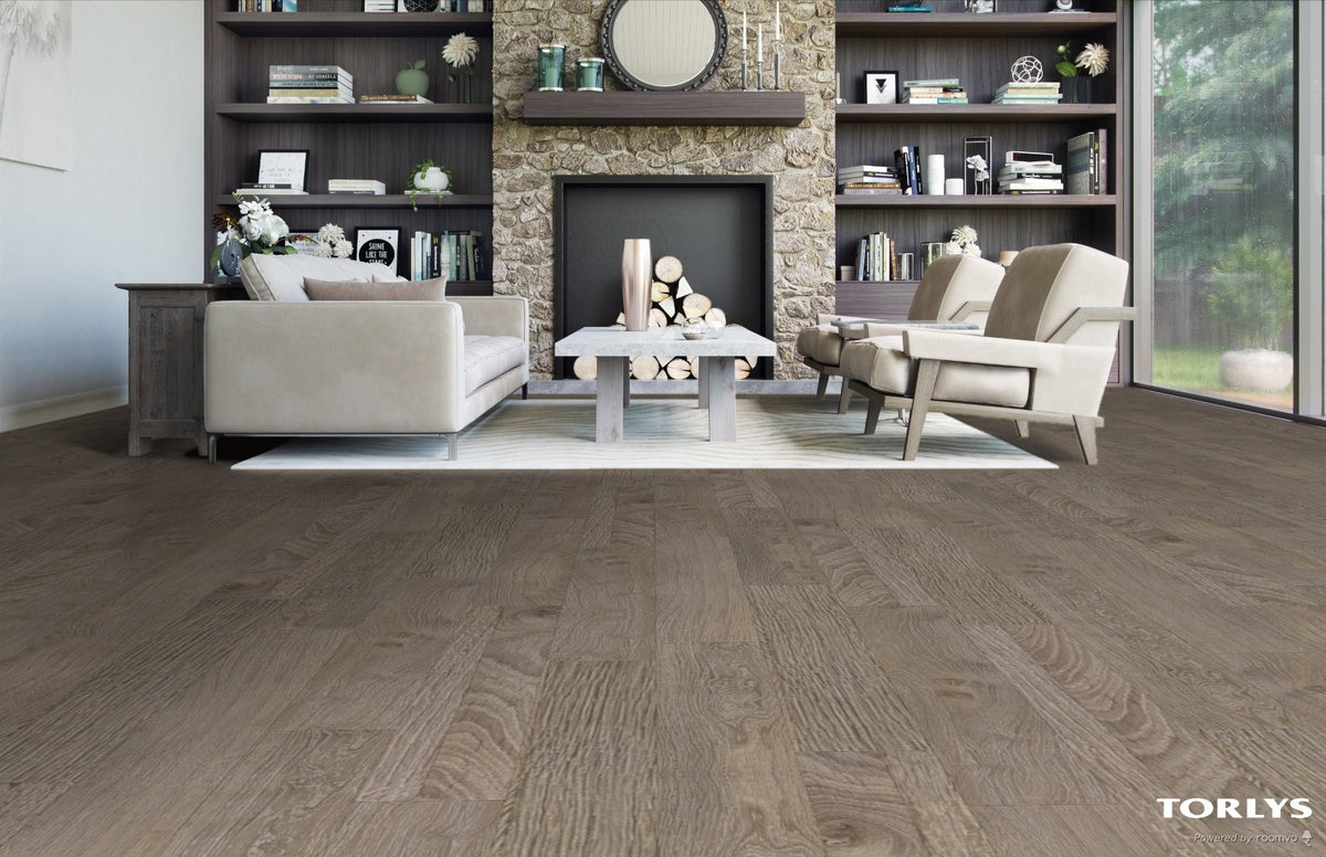 Torlys Classic Plus Reclaimed Old Oak Light Grey, a light, wide plank oak, available at Alberta Hardwood Flooring.