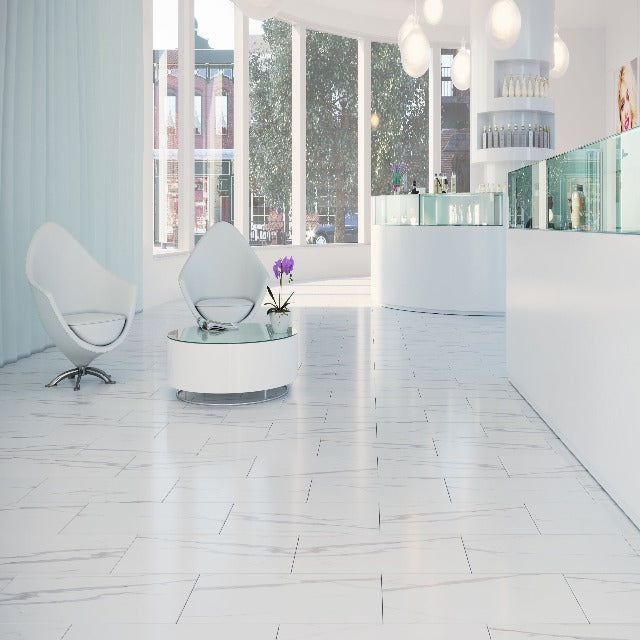 Evertile Premier Calcatta Vinyl Tile, a large format authentic tile, available at Alberta Hardwood Flooring.