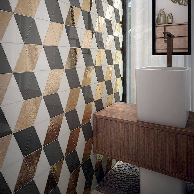 Centura 4.5&quot; X 5&quot; Scale Triangolo Glossy Metallic Ceramic Wall Tile, available at Alberta Hardwood Flooring.