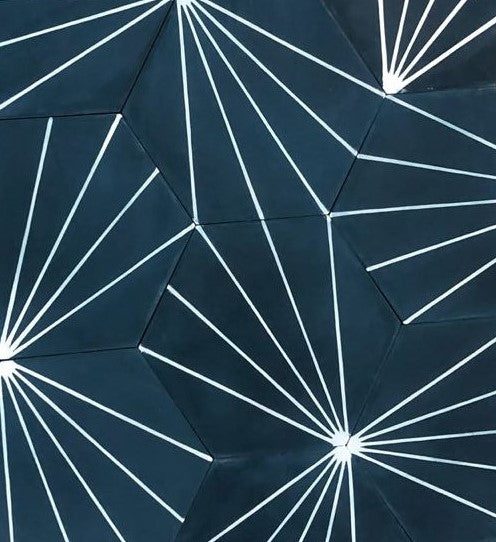 Saltillo 8" Hexagon Sunburst Cobalt White Wall Tile, available with install, at Alberta Hardwood Flooring.