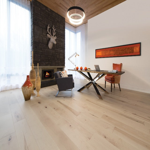 Mirage Maple Character Smooth Flair White Mist Duramatt, available with install at Alberta Hardwood Flooring.
