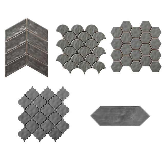 C &amp; S Patterns Series available with install, at Alberta Hardwood Flooring. Shown in the light blue.Chevron, Fan, Picket, Hexagon, and Lantern. The color options are Cloud, Light Blue, Mud, Ash, and White. 