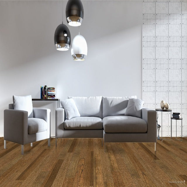 Havwoods Engineered European Oak Brushed Arena Prime Pureplank, a medium brown oak, that is a click together floor with a matt, lacquered finish. Part of the Purplank collection.