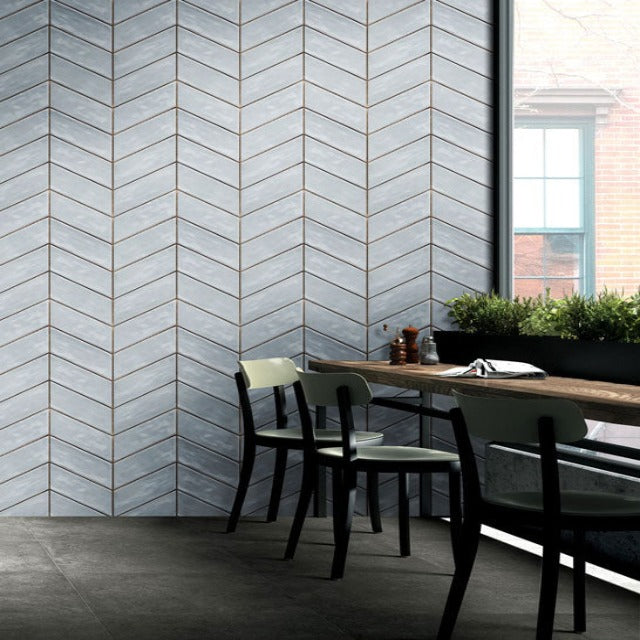 C &amp; S Patterns Series available with install, at Alberta Hardwood Flooring. Shown in the light blue.Chevron, Fan, Picket, Hexagon, and Lantern. The color options are Cloud, Light Blue, Mud, Ash, and White. 