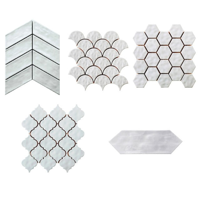 C &amp; S Patterns Series available with install, at Alberta Hardwood Flooring. Shown in the light blue.Chevron, Fan, Picket, Hexagon, and Lantern. The color options are Cloud, Light Blue, Mud, Ash, and White. 