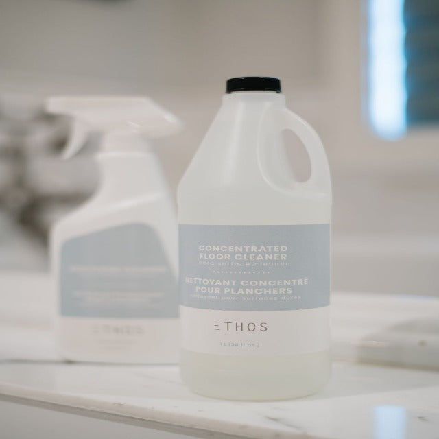 Ethos Eco Hard Surface Concentrate Cleaner 1L, allows for 10 refills.  Exclusive to Alberta Hardwood Flooring, this non- abrasive, eco floor cleaner is perfect for all finished hardwood, laminates, vinyls, sealed tile and floating floors. Keep your floors looking brand new with our streak and residue free hard surface cleaner.