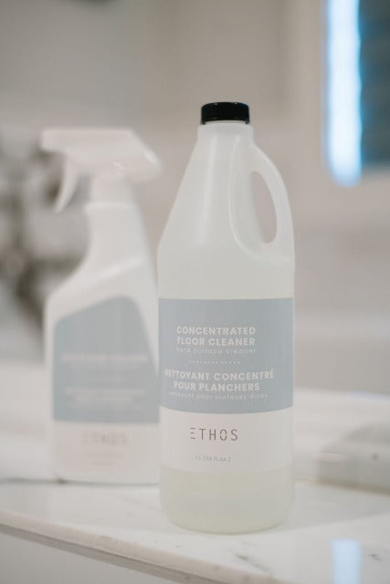 Ethos Eco Hard Surface Concentrate Cleaner 1L - Edmonton and Area Shipping  Exclusive to Alberta Hardwood Flooring, this non- abrasive, eco floor cleaner is perfect for all finished hardwood, laminates, vinyls, sealed tile and floating floors. Keep your floors looking brand new with our streak and residue free hard surface cleaner.  Directions for use: 