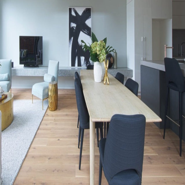 Havwoods Engineered European Oak Sanded Venture Plank Armendo Rustic, a light brown, wide plank in a UV Oiled finish.  Alberta Hardwood Flooring is the exclusive western Canada suppliers of Havwoods products. 