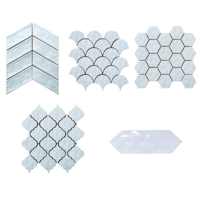 C &amp; S Patterns Series available with install, at Alberta Hardwood Flooring. Shown in the light blue.Chevron, Fan, Picket, Hexagon, and Lantern. The color options are Cloud, Light Blue, Mud, Ash, and White. 