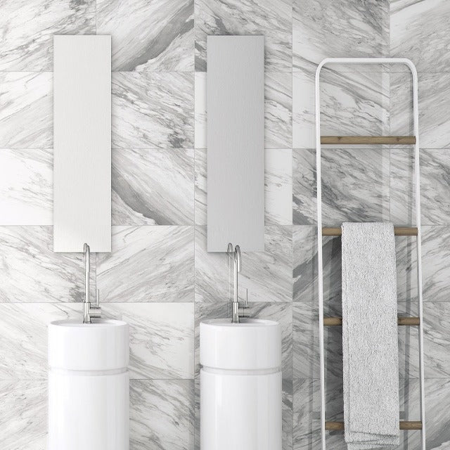 Eksa Macael Floor and Wall Tile, available with install, at Alberta Hardwood Flooring.