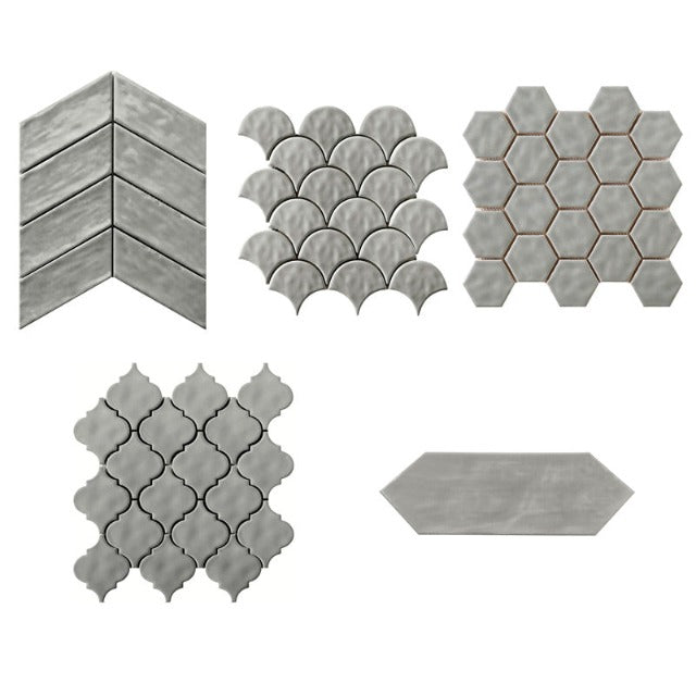 C &amp; S Patterns Series available with install, at Alberta Hardwood Flooring. Shown in the light blue.Chevron, Fan, Picket, Hexagon, and Lantern. The color options are Cloud, Light Blue, Mud, Ash, and White. 