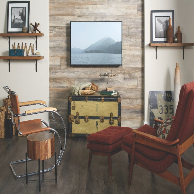 Torlys Reclaime Flint Oak Laminate, a vintage inspired collection, in a wide plank, available at Alberta Hardwood Flooring.