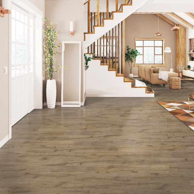 Torlys Reclaime Jefferson Oak Laminate, a vintage inspired collection, in a wide plank, available at Alberta Hardwood Flooring.