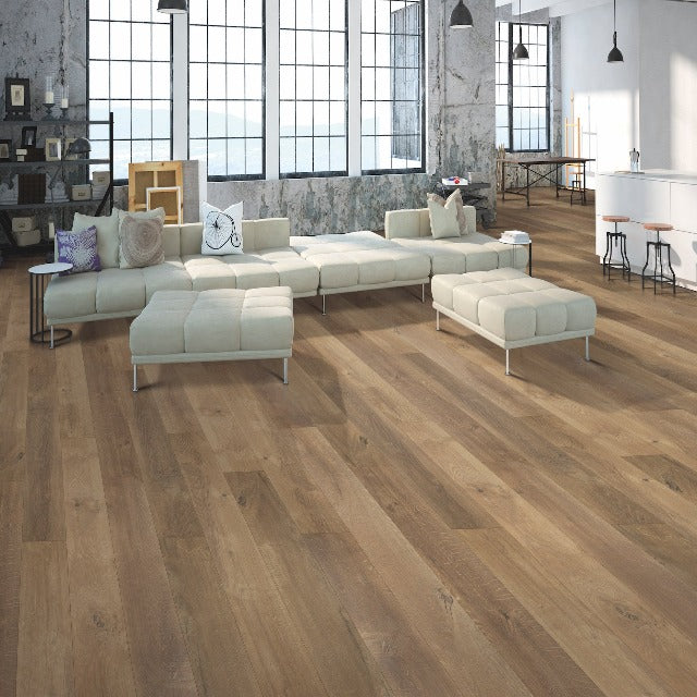 Torlys Styleo Barrel Oak Laminate, a rustic, wide plank dark surface, available at Alberta Hardwood Flooring.