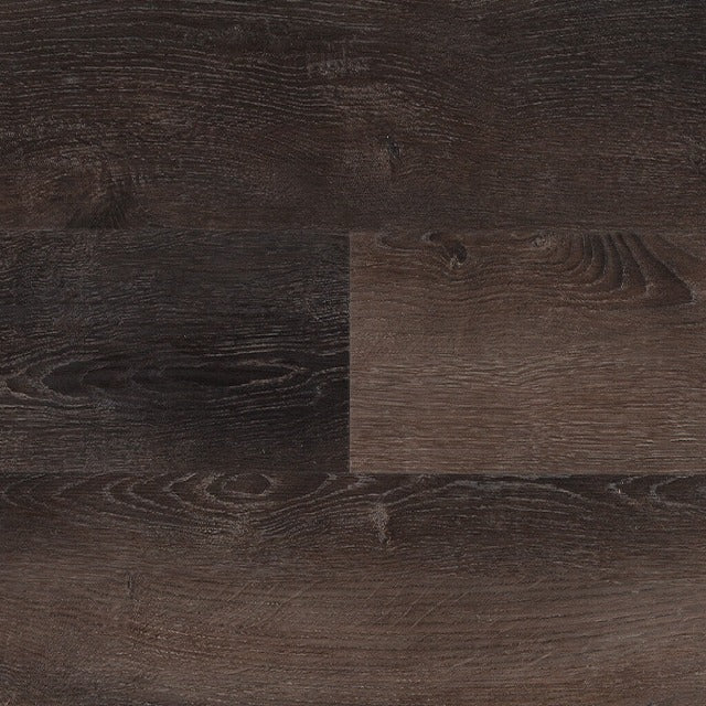 Torlys Rigidwood Flex Premier Balsam Luxury Vinyl, a wide plank, beveled and textured dark oak, available at Alberta Hardwood Flooring.