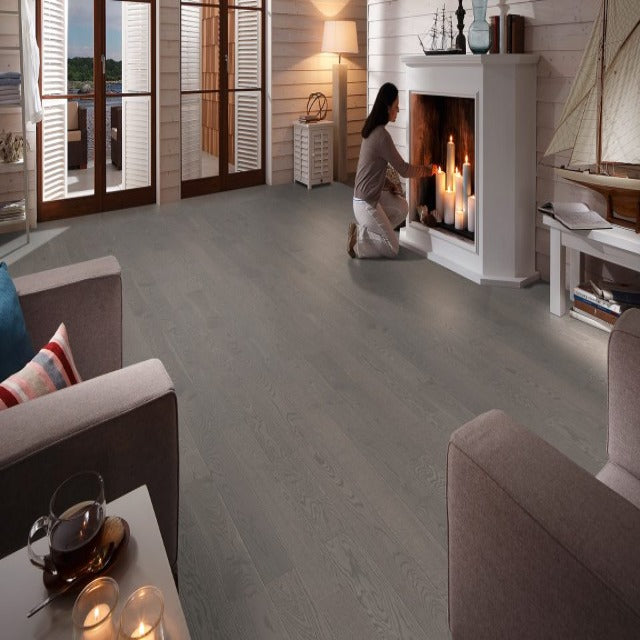 Fuzion Country Side Oak Wire Brushed Summer Rain, available with install, at Alberta Hardwood Flooring.
