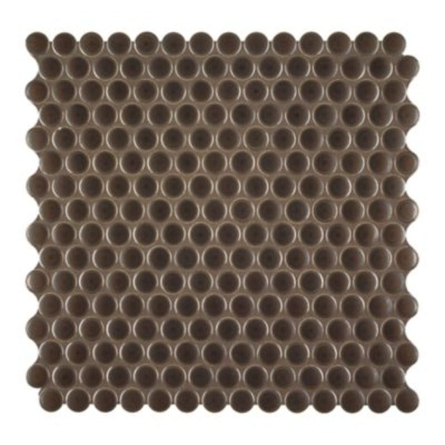 Ann Sacks Savoy Bronze Classic 12" x 12" Penny Mosaic Wall Tile, in stock in Edmonton.  Our Savoy Classic collection is crafted by Japanese artisans, using unique glazes that break over the tile edge, adding a strong design element to any setting.