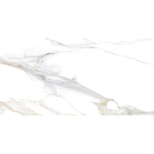 Tierra Sol Aurora Calcutta Gold Natural Rectified 12&quot; x 24, in stock in Edmonton.  Aurora Gold is a refined Calacatta Gold, one of the most prestigious stones in the world. This type of marble can coexist in classic and avant-garde spaces. The contrasting white background combines delicate grey veins with gold reflections that add warmth to the marble finish.