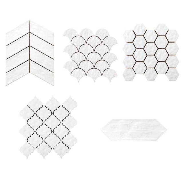 C &amp; S Patterns Series available with install, at Alberta Hardwood Flooring. Shown in the light blue.Chevron, Fan, Picket, Hexagon, and Lantern. The color options are Cloud, Light Blue, Mud, Ash, and White. 