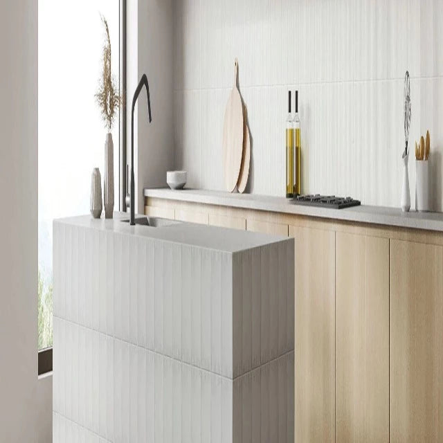 Daltile Stencil Matte Wall and Floor Tile,  available with install, at Alberta Hardwood Flooring.  The Stencil collection is a 4x12 tile, in colors and textures to create fun, playful spaces. Sage, Blush and White are just a few. 