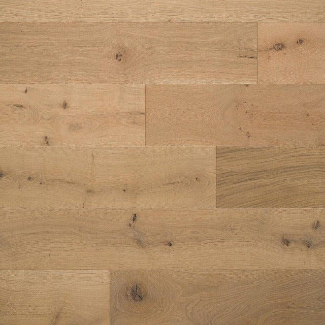Kentwood Bohemia Brushed Oak Cazador, a light brown with hints of golden blonde, in a matte finish. Available with install, at Alberta Hardwood Flooring.