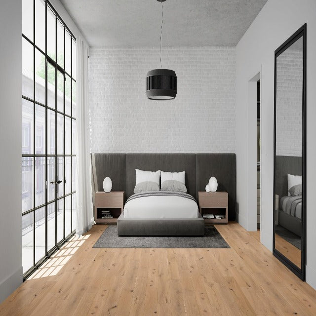 Kentwood Bohemia Brushed Oak Cazador, a light brown with hints of golden blonde, in a matte finish. Available with install, at Alberta Hardwood Flooring.