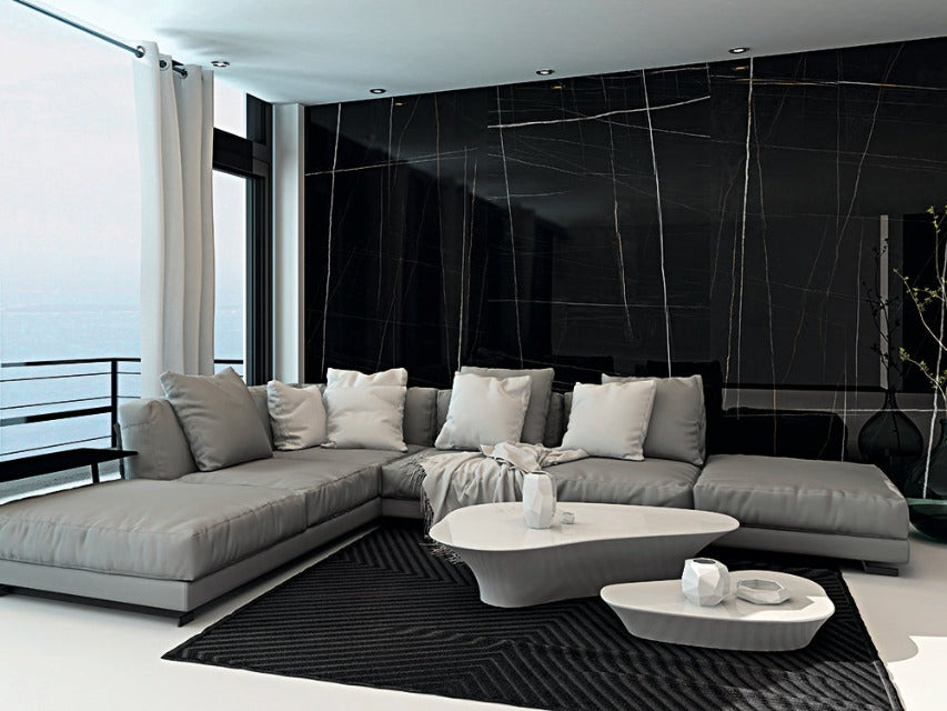 Eksa Sahara Black Noir Wall Tile Slab, available with install, at Alberta Hardwood Flooring.